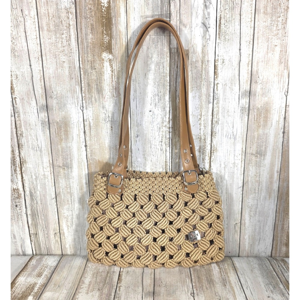 Shirley's Moda Beige Woven Macrame Shoulder Bag Tan Straps Silver Buckles